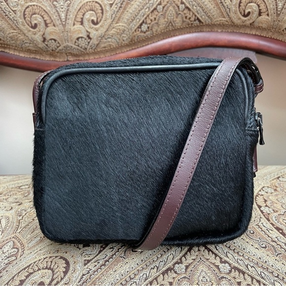 Rachel Comey Pico Black Ponyhair Brown Leather Strap Dual Pouch Shoulder Bag - Picture 1 of 13